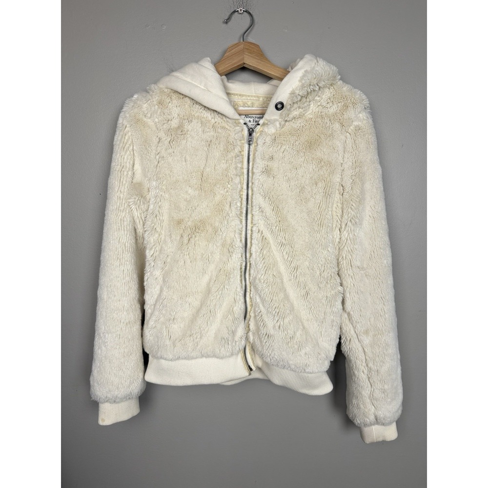 Y2K Abercrombie & Fitch Faux Fur Cream Hoodie Women's M Jacket Mall Era Full Zip